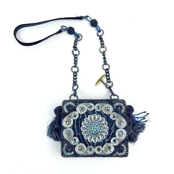 Mary Frances Bag Beaded mini evening purse blue tassel clutch art to wear - Picture 13 of 13